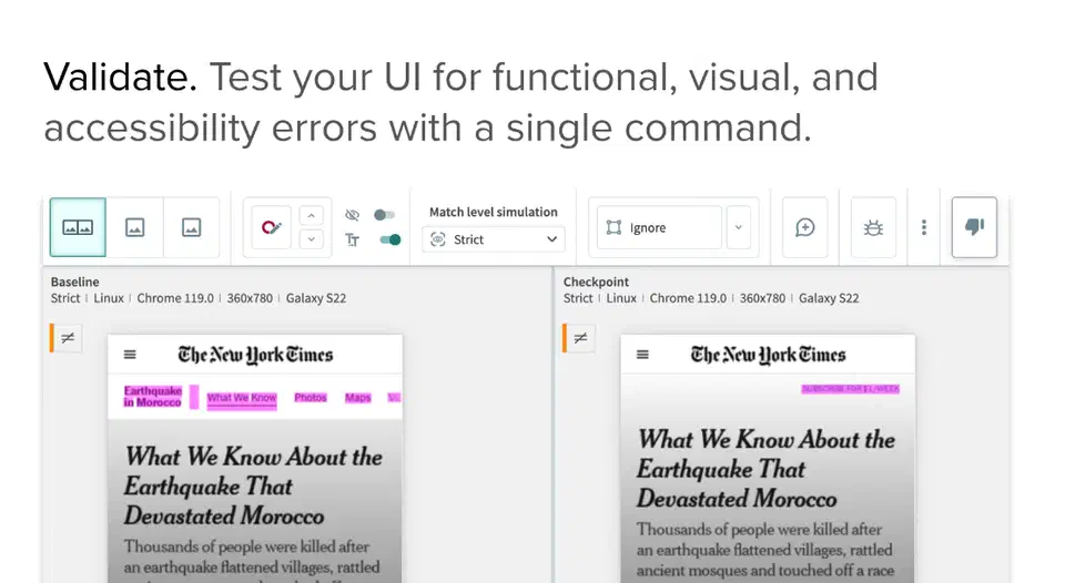 Applitools Visual AI validation step showing automated visual comparison of web application screens