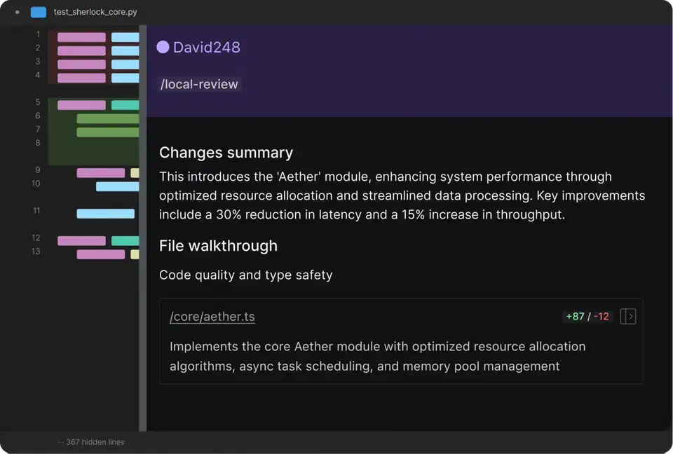 Qodo Gen local code review interface showing AI-driven review suggestions inline with source code in the IDE
