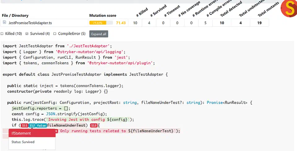 Stryker file-level mutation report showing surviving and killed mutants inline with source code