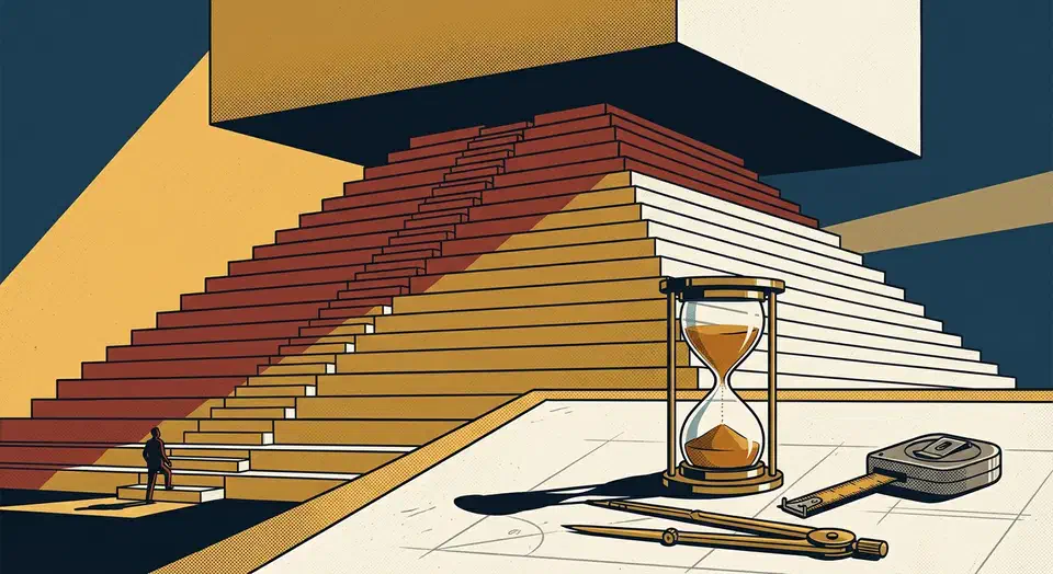 An hourglass with sand nearly run out on a drafting table beside a towering twenty-step staircase dwarfing a lone climber
