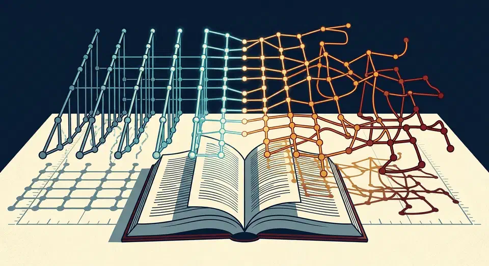Open book with story structures rising from its pages: five identical straight blue chains on the left, one sprawling branched amber and red web on the right