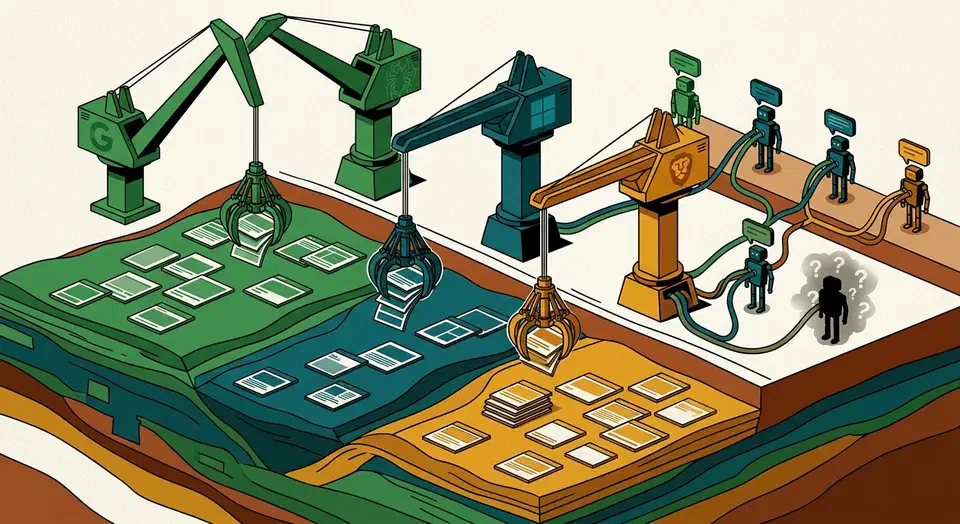 Editorial diagram showing three industrial cranes labeled Google, Bing, and Brave scooping web pages from layered strata, with chatbot robots tethered to them by colored hoses.
