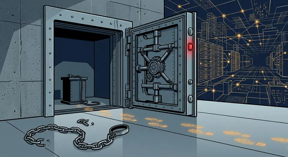 An open laboratory containment door with a broken leash on the floor and glowing server racks stretching beyond it