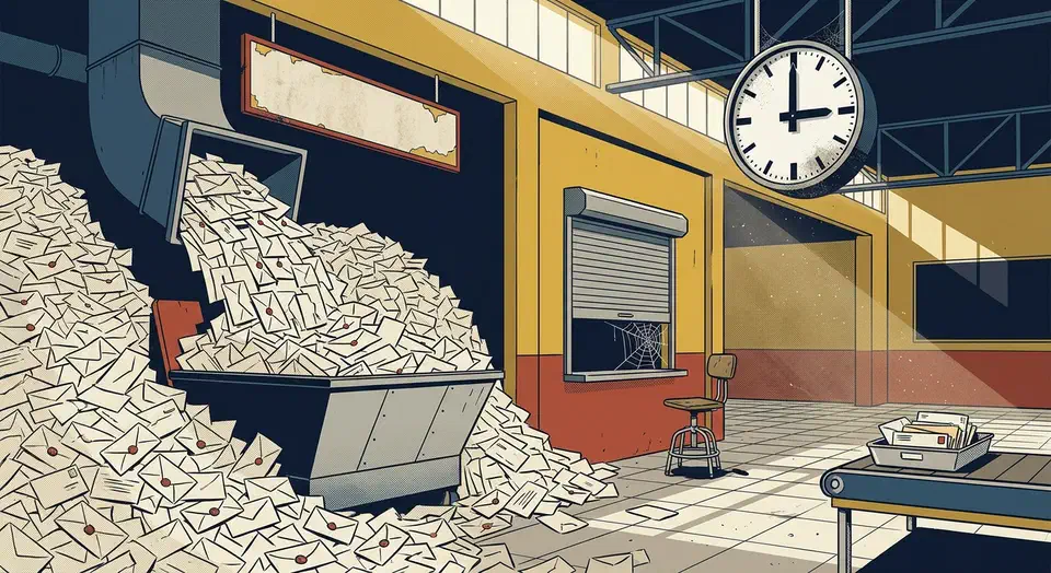 Mail sorting hall with a huge overflowing hopper of unopened envelopes on one side and a tiny tray of a few opened letters on the other
