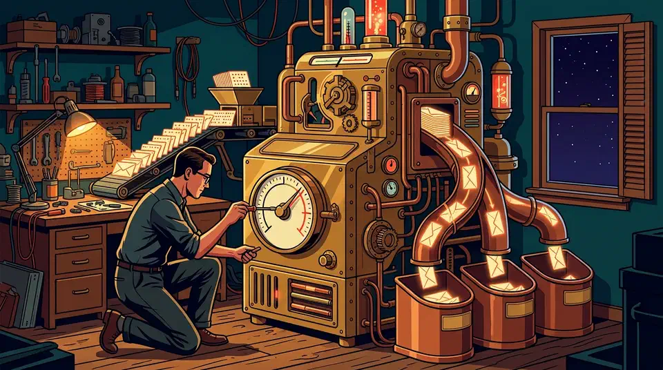 Engineer kneeling beside a brass sorting machine, adjusting its large dial gauge while copper chutes drop envelopes into three bins