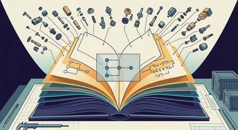 An open technical book on a drafting table, its pages fanning into ten colored layers while small robotic modules stream out in an exploded-view arc