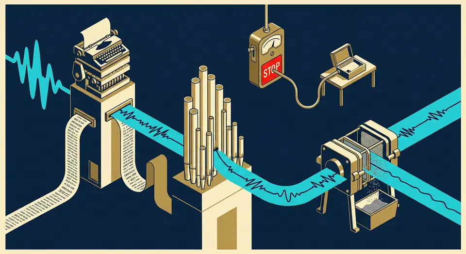 Sound wave passing through three machines that print text, generate speech, and filter out noise, bypassing a coin meter