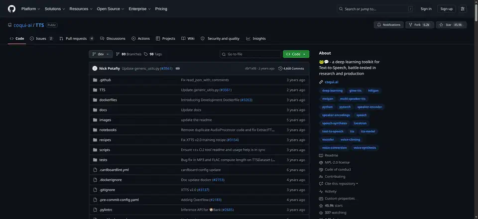 GitHub page for the coqui-ai/TTS repository showing 45.9k stars, an MPL-2.0 license entry, and topic tags including voice-cloning, speech-synthesis and multi-speaker-tts