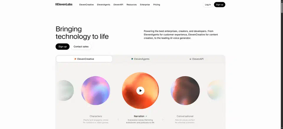 ElevenLabs home page headlined &ldquo;Bringing technology to life&rdquo; above an ElevenCreative carousel of coloured spheres labelled Characters, Narration and Conversational