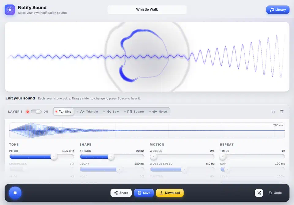 Notify Sound editor with a sound called Whistle Walk loaded, a glowing waveform visualizer above one sine-wave layer, and Pitch, Attack, Decay, Wobble and Repeat sliders over Share, Save and Download buttons