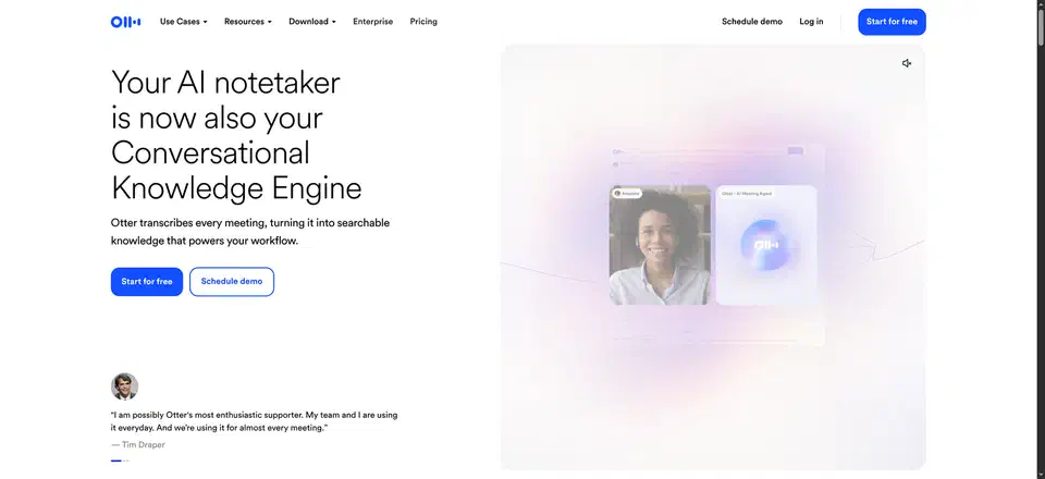Otter.ai home page headlined &ldquo;Your AI notetaker is now also your Conversational Knowledge Engine&rdquo; beside a preview of a video call with an Otter AI Meeting Agent panel joined to it