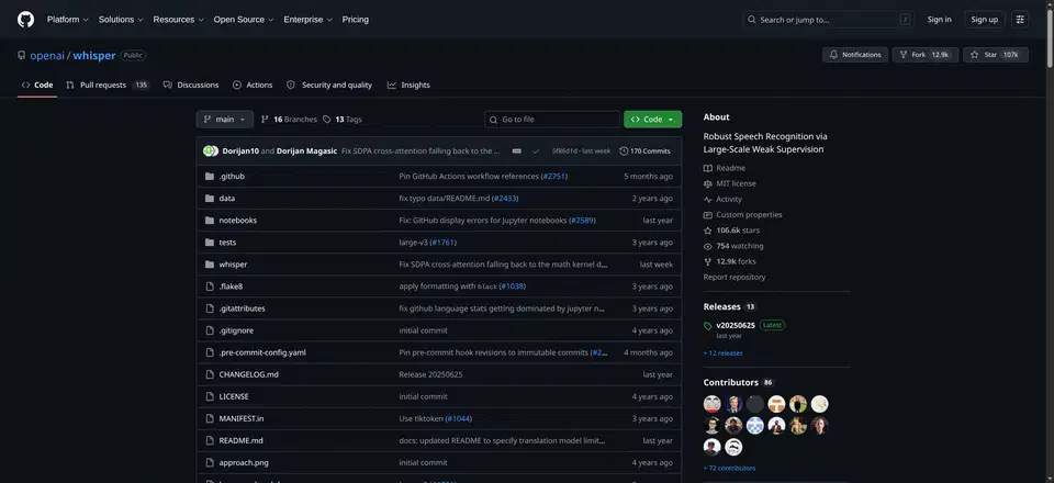 GitHub page for the openai/whisper repository showing 107k stars, the description &ldquo;Robust Speech Recognition via Large-Scale Weak Supervision&rdquo;, and an MIT license entry in the About sidebar