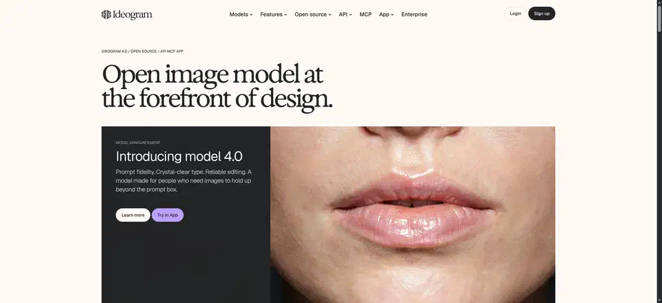 Ideogram home page set in a large serif face reading Open image model at the forefront of design, beside a close-up photograph of a mouth
