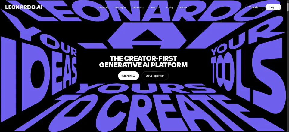 Leonardo.Ai home page with purple block letters spelling Your ideas, your tools, yours to create around the line The creator-first generative AI platform