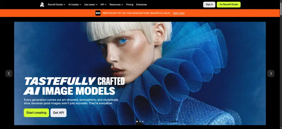 Recraft home page with the headline Tastefully crafted AI image models over a blue studio portrait, and Start creating and Get API buttons