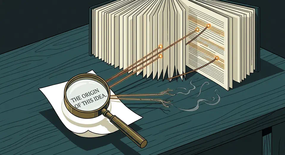 Open reference book with glowing threads running from a printed sentence to highlighted passages, two threads fraying into smoke before they connect