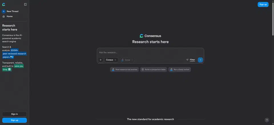 Consensus homepage with the line &ldquo;Research starts here&rdquo; over an Ask the research box, and a sidebar describing an AI-powered academic search engine covering 200M+ peer reviewed papers