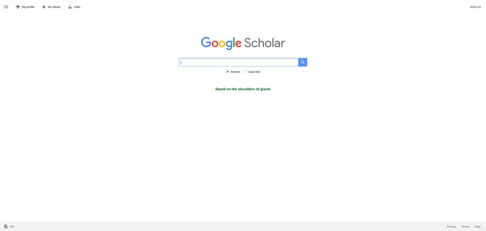 Google Scholar search page showing the coloured Google Scholar wordmark above a single empty search box, with profile and library links across the top