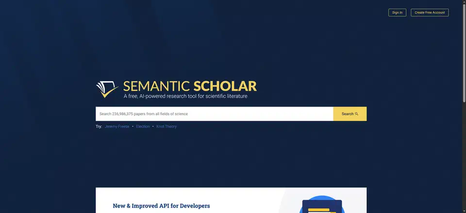Semantic Scholar homepage with a search box reading &ldquo;Search 236,986,375 papers from all fields of science&rdquo; under the tagline &ldquo;A free, AI-powered research tool for scientific literature&rdquo;