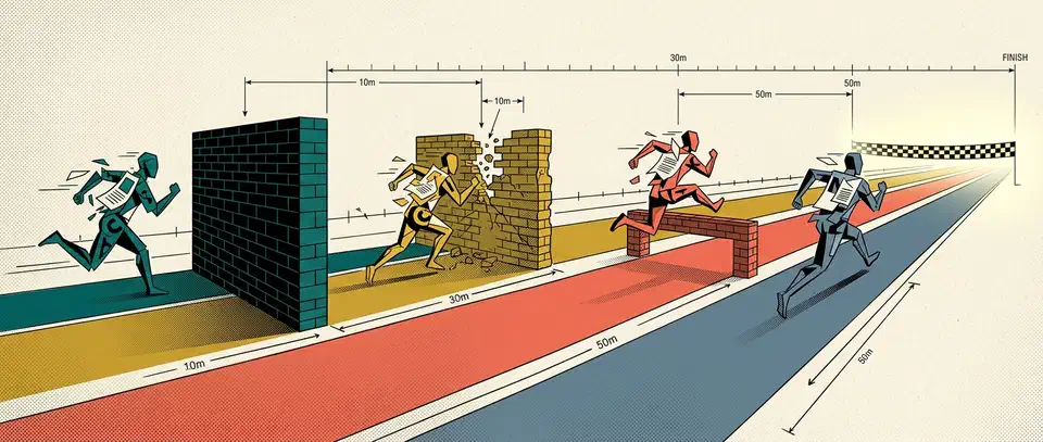 Best AI text tools 2026 for drafting, summarizing, grammar, and translation. Which free tiers finish a real job and which stop you at the paywall. Four colored running lanes blocked by brick walls at different distances, with one lane open to a finish ribbon