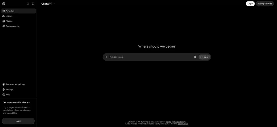 ChatGPT start screen with the prompt “Where should we begin?” above an empty Ask anything box, and a sidebar listing New chat, Images, Plugins and Deep research