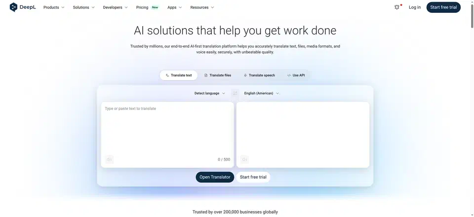 DeepL translator with Translate text, Translate files, Translate speech and Use API tabs above a source box showing a 0 of 500 character counter and a Detect language to English (American) pair