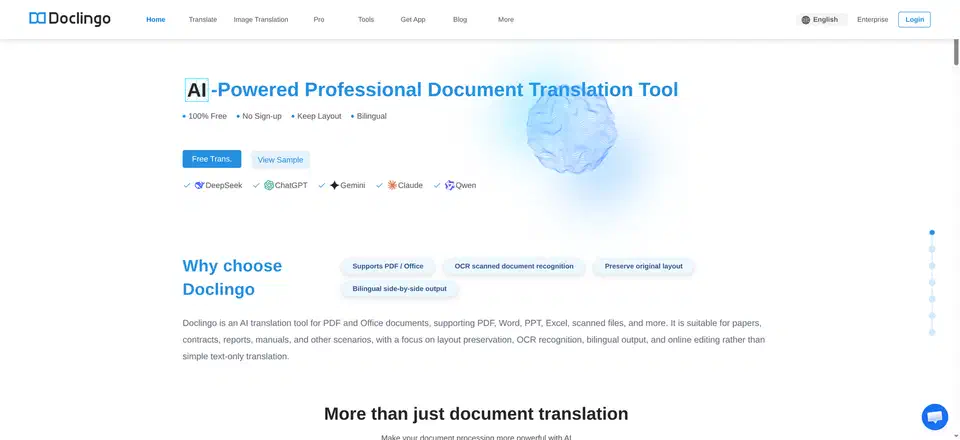 Doclingo home page headed “AI-Powered Professional Document Translation Tool” with 100% Free, No Sign-up, Keep Layout and Bilingual badges, and feature tags for PDF and Office support, OCR scanned document recognition and preserving original layout