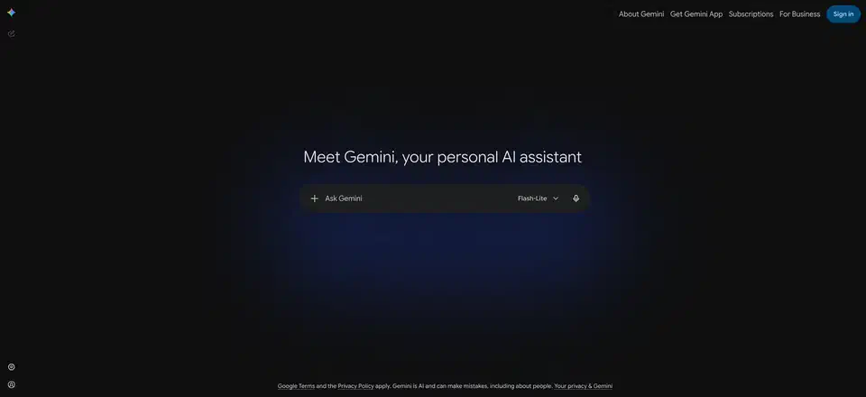 Gemini landing screen reading “Meet Gemini, your personal AI assistant” above an Ask Gemini input box with a model selector and microphone icon