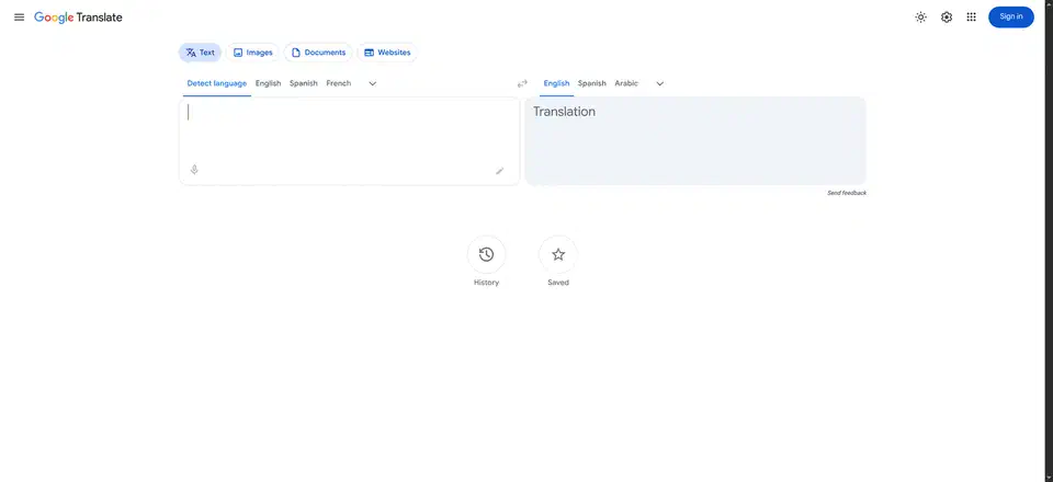 Google Translate with Text, Images, Documents and Websites tabs above an empty source box and a Translation panel, plus Detect language, English, Spanish and French shortcuts