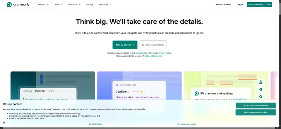 Grammarly home page headed “Think big. We’ll take care of the details.” with free sign-up buttons and preview panels showing a Rephrase menu, a Confident tone suggestion, and a fix grammar and spelling card
