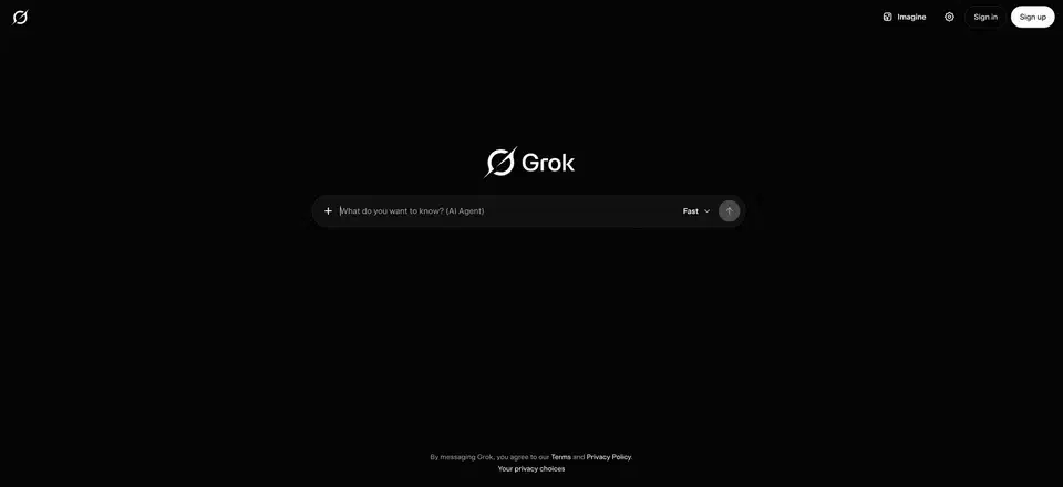 Grok home screen on a black background with the Grok logo above an input box reading “What do you want to know? (AI Agent)” and a Fast mode selector