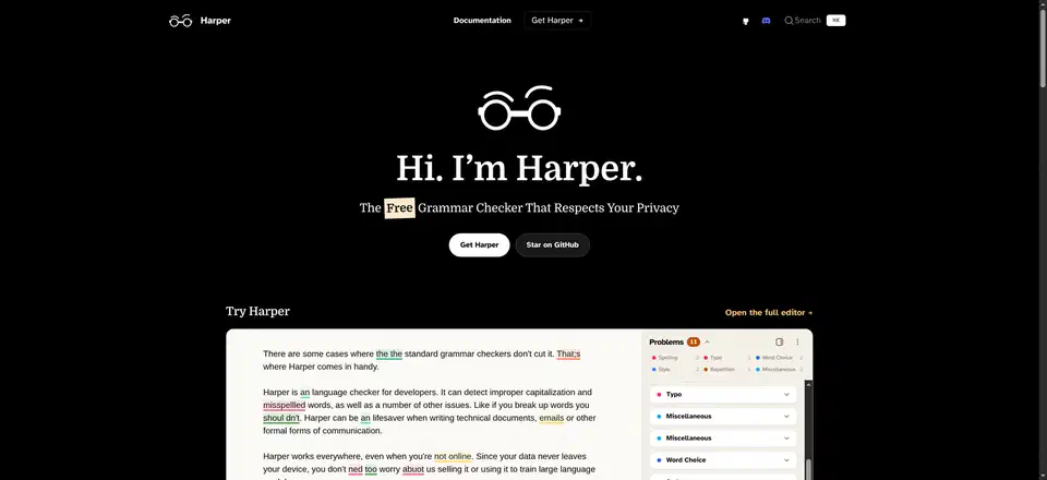 Harper home page reading “Hi. I’m Harper. The Free Grammar Checker That Respects Your Privacy” above a live demo editor where misspelled words are underlined and a Problems panel counts 11 issues by category