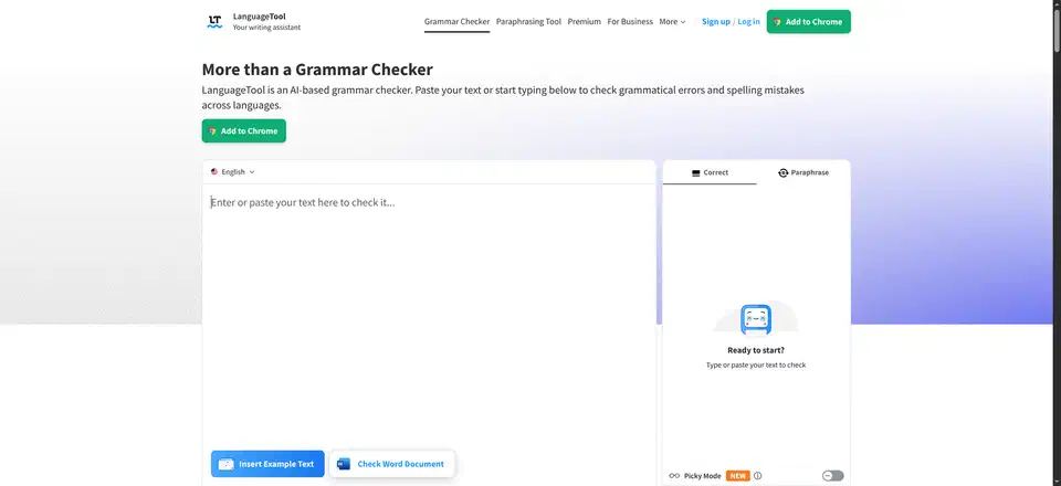 LanguageTool grammar checker with an empty “Enter or paste your text here to check it” panel on the left, an English language dropdown, and a Correct and Paraphrase results panel on the right