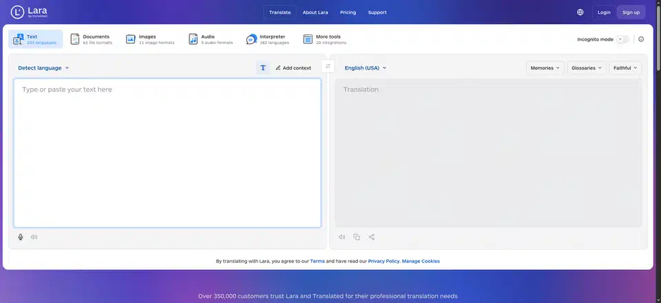 Lara Translate showing tabs for Text in 203 languages, Documents in 61 file formats, Images, Audio and Interpreter, with Memories, Glossaries and a Faithful style dropdown above the translation panel