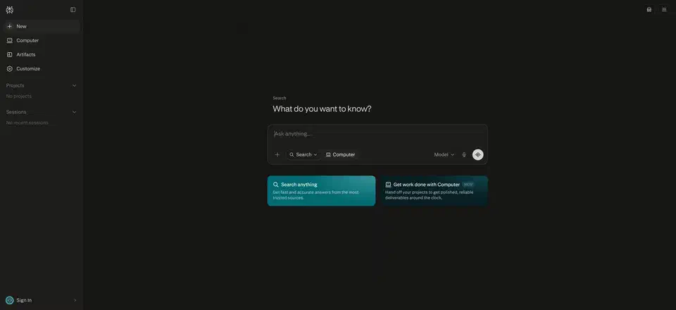 Perplexity search screen asking “What do you want to know?” with an Ask anything box, Search and Computer mode buttons, and cards offering to search anything or hand off a project