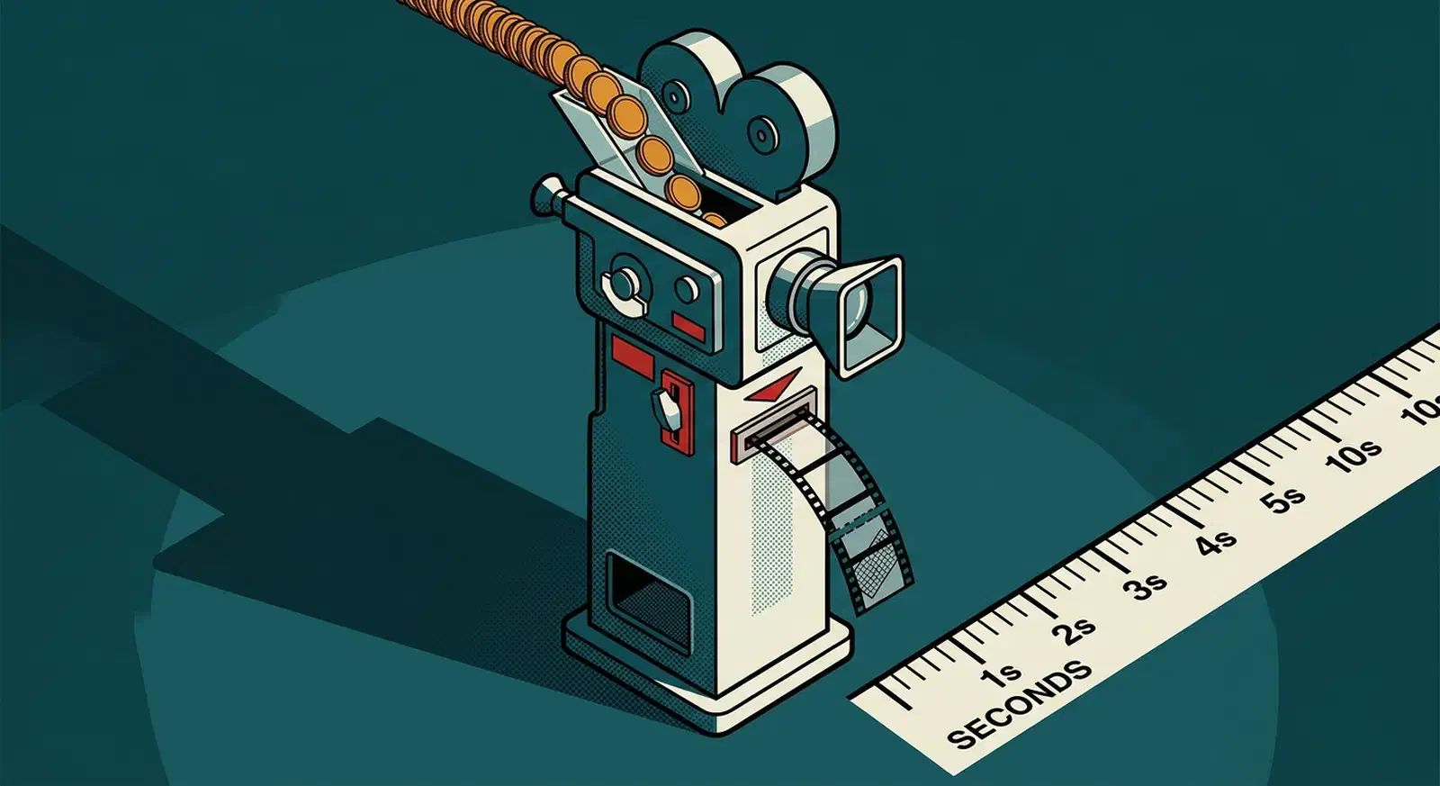 Coin-operated film camera machine dispensing a short strip of celluloid stamped with a watermark beside a seconds ruler