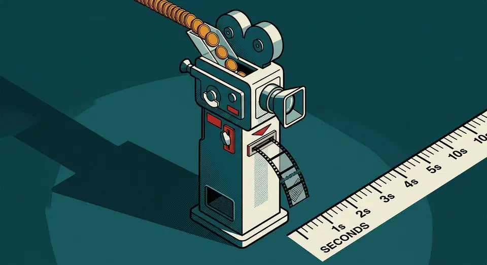 Coin-operated film camera machine dispensing a short strip of celluloid stamped with a watermark beside a seconds ruler