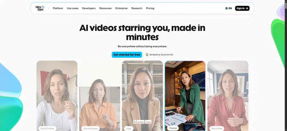 HeyGen homepage headed AI videos starring you, made in minutes, above a row of avatar clips labelled social content, online courses, legal, finance and real estate
