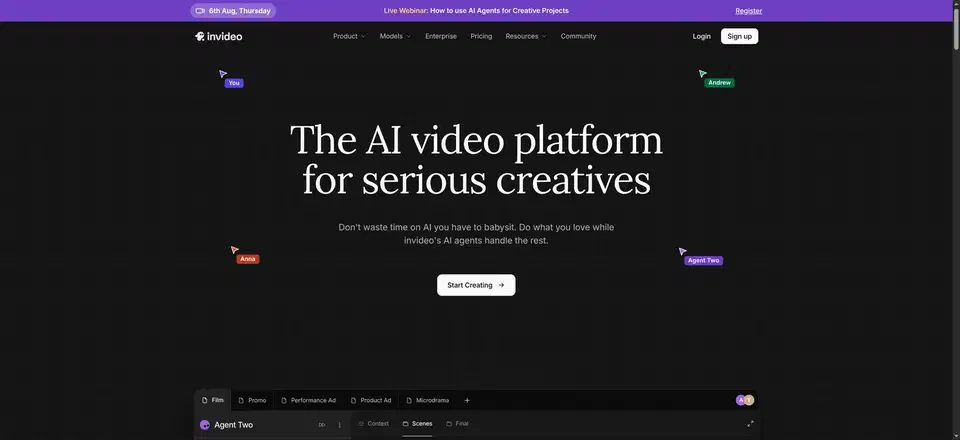Invideo homepage headed The AI video platform for serious creatives, with named collaborator cursors and a scene editor docked at the bottom