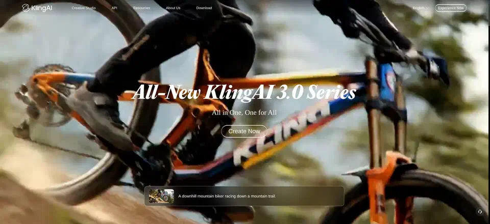 Kling AI homepage filling the screen with a generated clip of a downhill mountain biker, and the prompt that produced it shown in a bar underneath