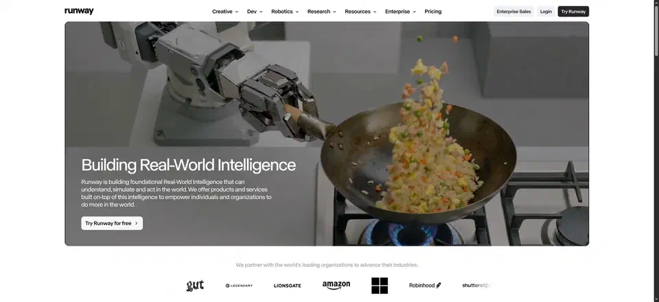 Runway homepage with the headline Building Real-World Intelligence over a video of a robot arm tossing fried rice in a wok