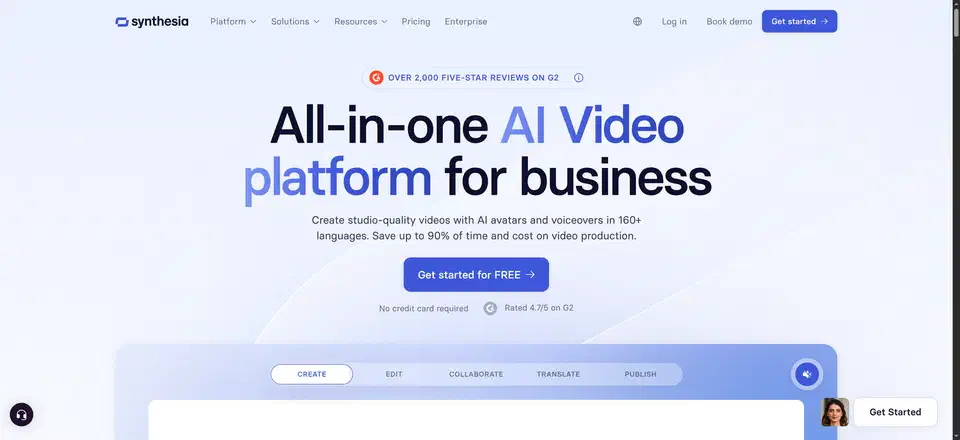 Synthesia homepage reading All-in-one AI Video platform for business, offering AI avatars and voiceovers in 160+ languages