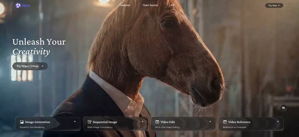 Wan homepage showing a generated clip of a horse in a suit, with an Open Source link in the top navigation and tiles for image generation and video editing