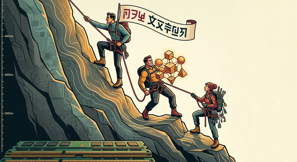 Three roped climbers ascend a cliff whose contour lines form a topographic curve over stacked memory chips at the base.