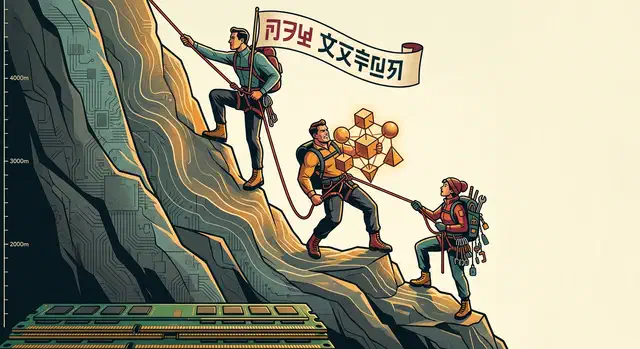 Three roped climbers ascend a cliff whose contour lines form a topographic curve over stacked memory chips at the base.