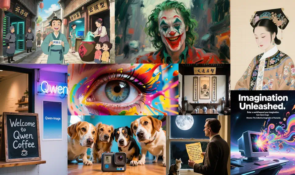 Grid of Qwen-Image samples rendering legible signage and multi-line text across several scenes
