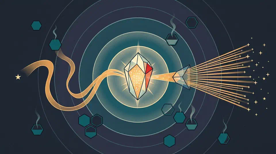 A glowing crystalline token-core wrapped in translucent shells, with light streams splitting into one lazy beam and many fast parallel beams