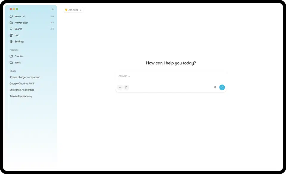 Jan open-source desktop app showing a chat thread next to the local model sidebar