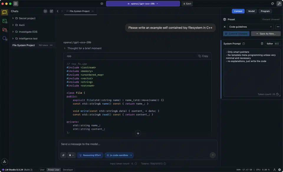 LM Studio desktop app showing a chat conversation alongside the model browser and runtime controls