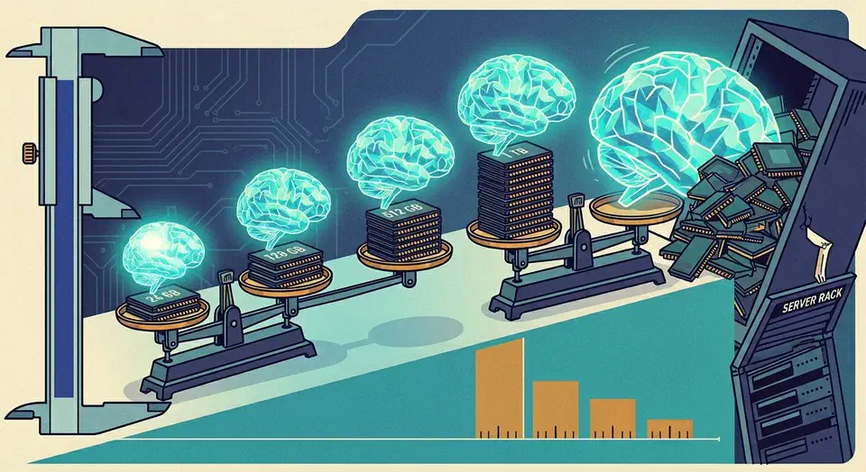 Different-sized glowing AI brains on a weighing scale balanced against stacks of memory chips, the smallest sitting on a 24 GB pedestal